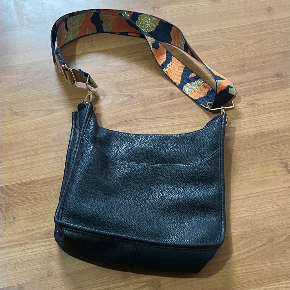 Navy faux Leather Shoulder Bag with Patterned Strap